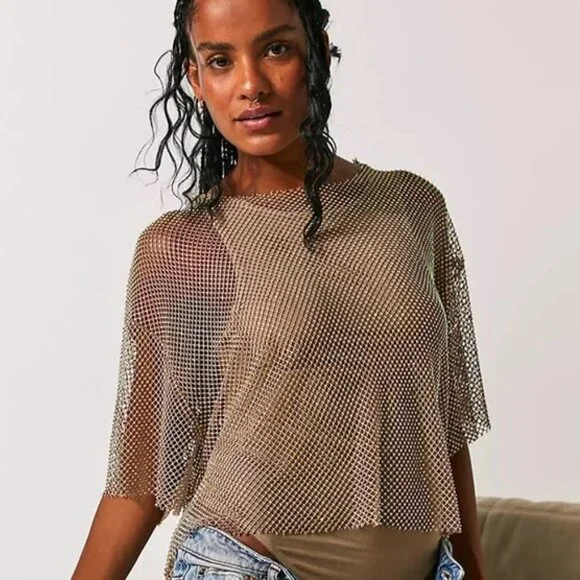 NEW Free People Filter Finish Bodysuit S $178 Iridescent Rhinestone Fishnet Mesh - Picture 6 of 9